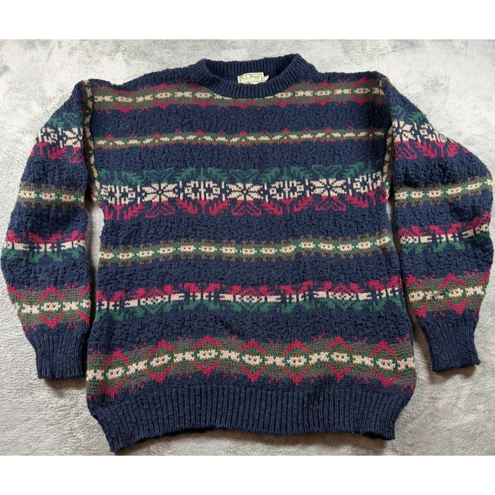Vintage L.L. Bean Fair Isle Sweater USA Made 100% Cotton Size L